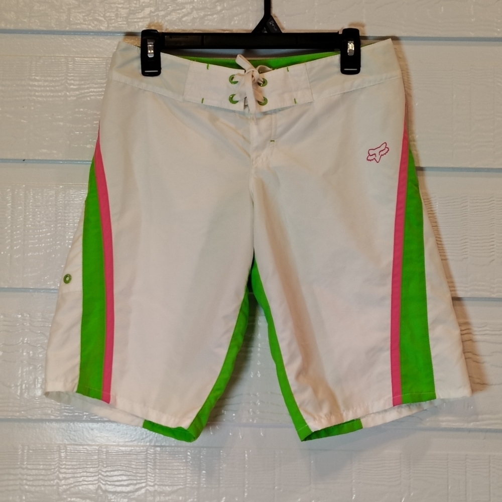 Y2K FOX racing Women’s Board Shorts Sz 3 White/Green/Pink Drawstring Vintage